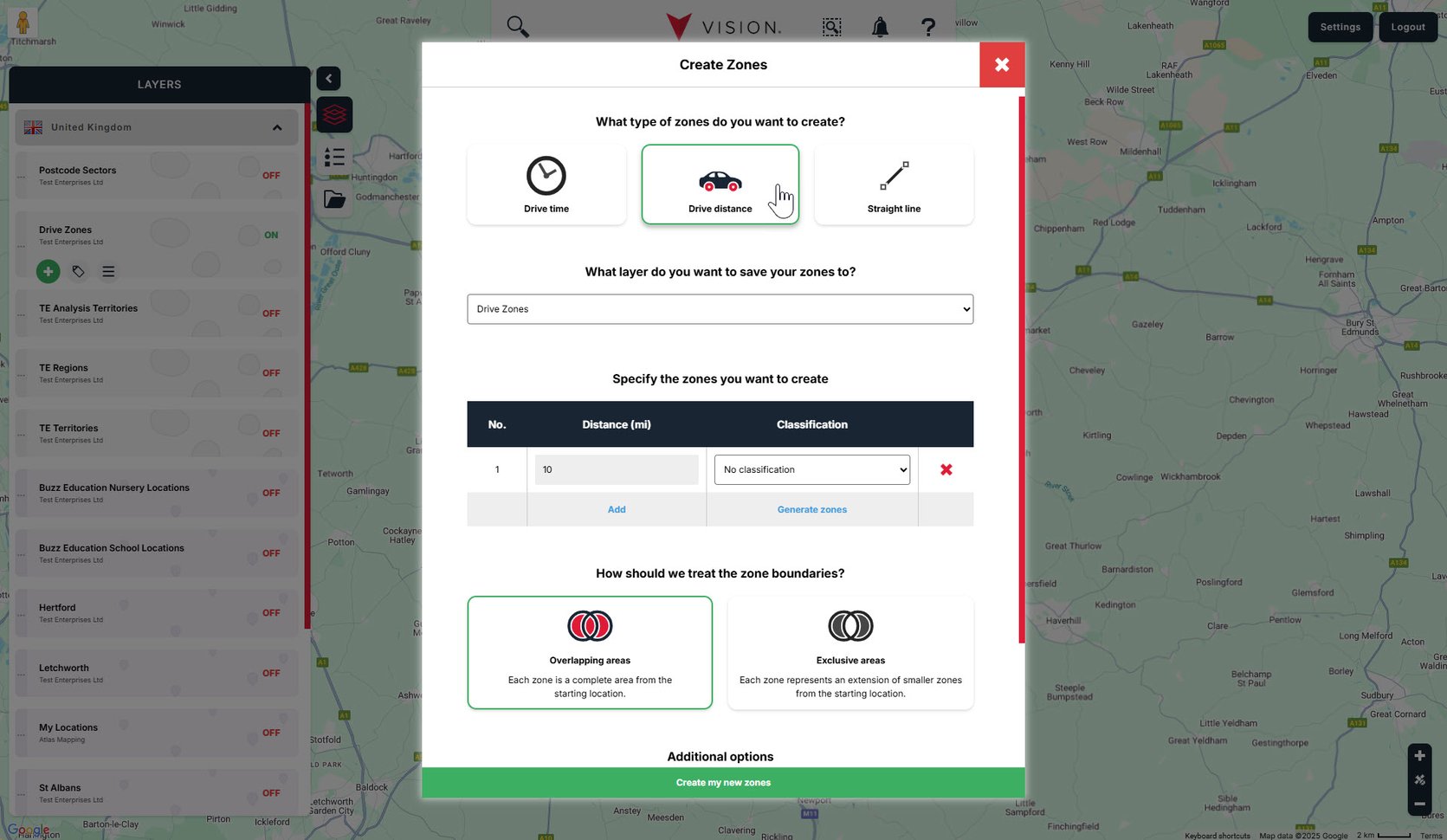 Create a drive distance zone